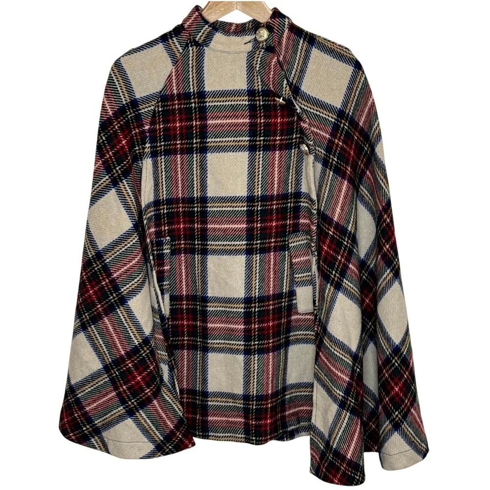 Plaid Wool-Blend Button-Neck Cape Poncho — Cream Red Tartan, Asymmetric Pullover